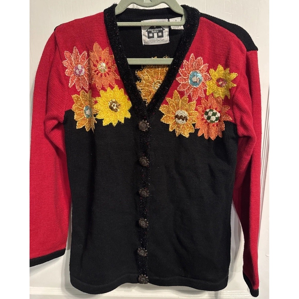 Storybook Knits Sunflower Cardigan Sweater Black Red Embroidered Beaded  S
